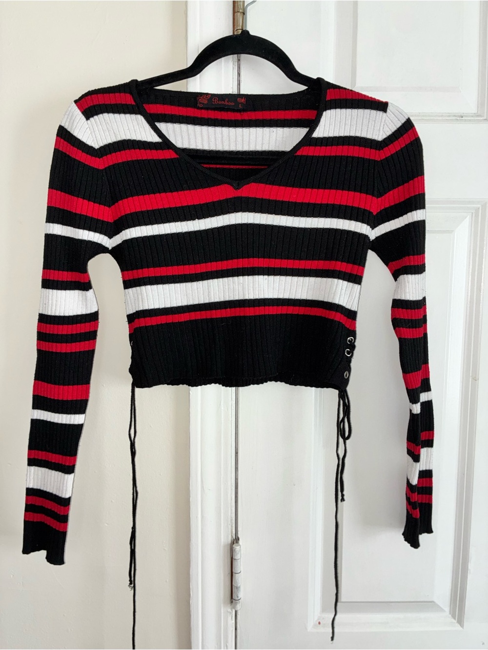 BAMBOO Black, Red & White Striped Ribbed Lace-Up Crop Top